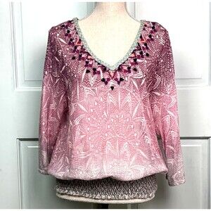 Embroidered Arembepe Ombre Mesh V-Neck Blouse Anthropologie Akemi + Kin Sz Lg